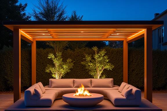 Area relax giardino con illuminazione notturna